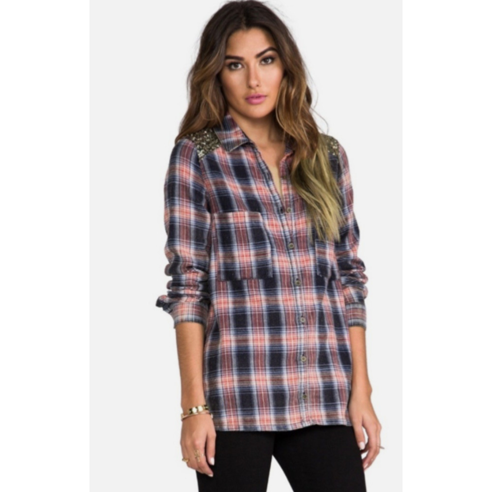 FREE PEOPLE A Little Bit of Sugar Plaid Sequin Flannel Shirt Womens Sz XS D40